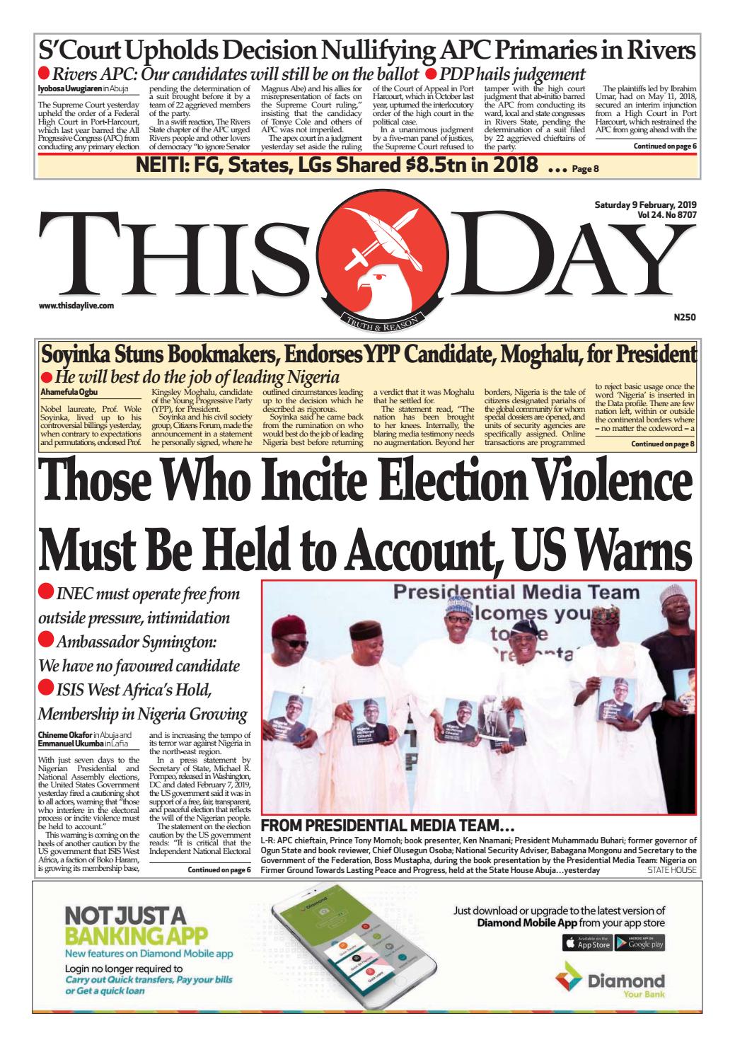 SATURDAY 9TH FEBRUARY 2019 by THISDAY Newspapers Ltd - Issuu