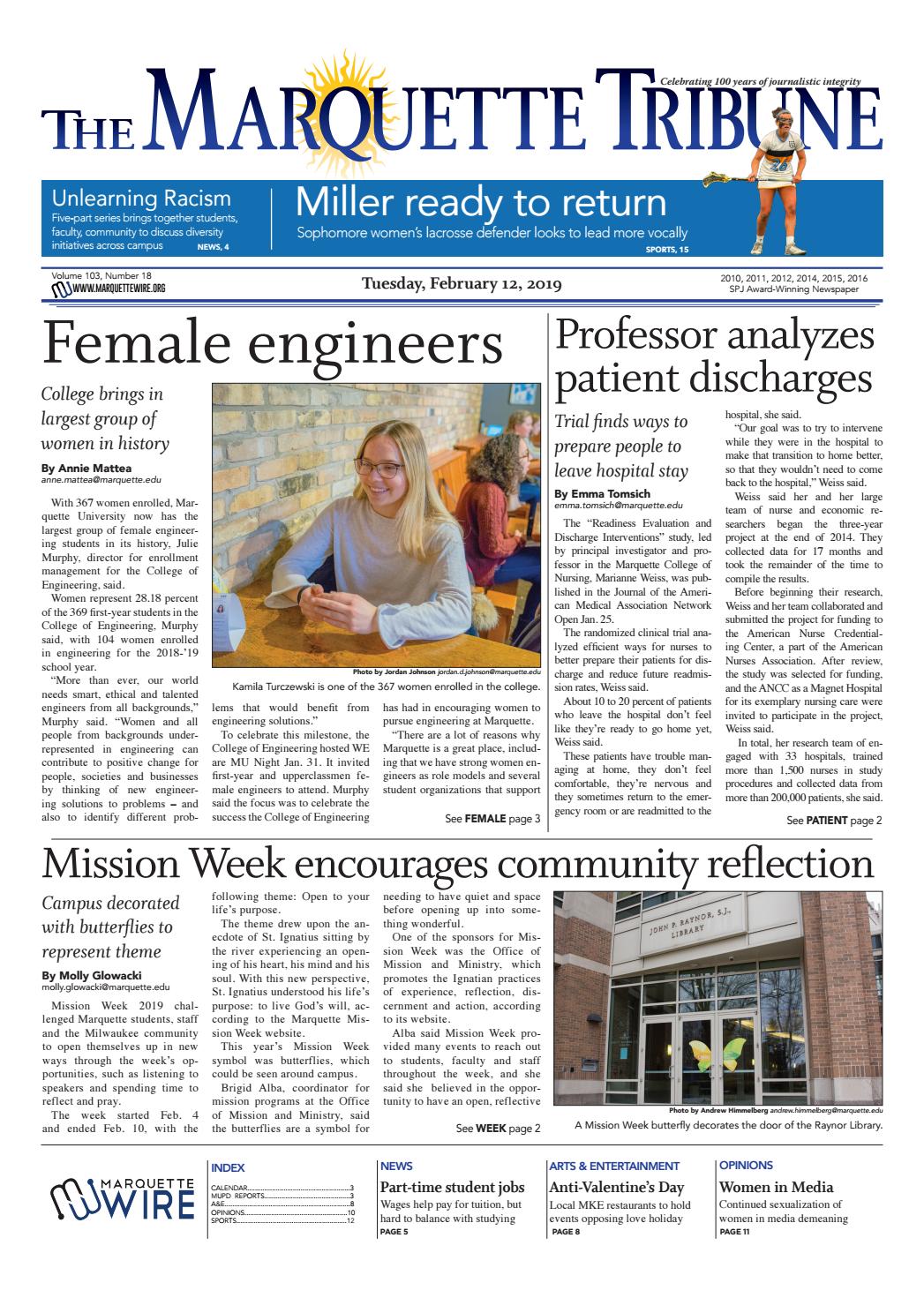 The Marquette Tribune Tuesday, February 12, 2019 by Marquette Tribune