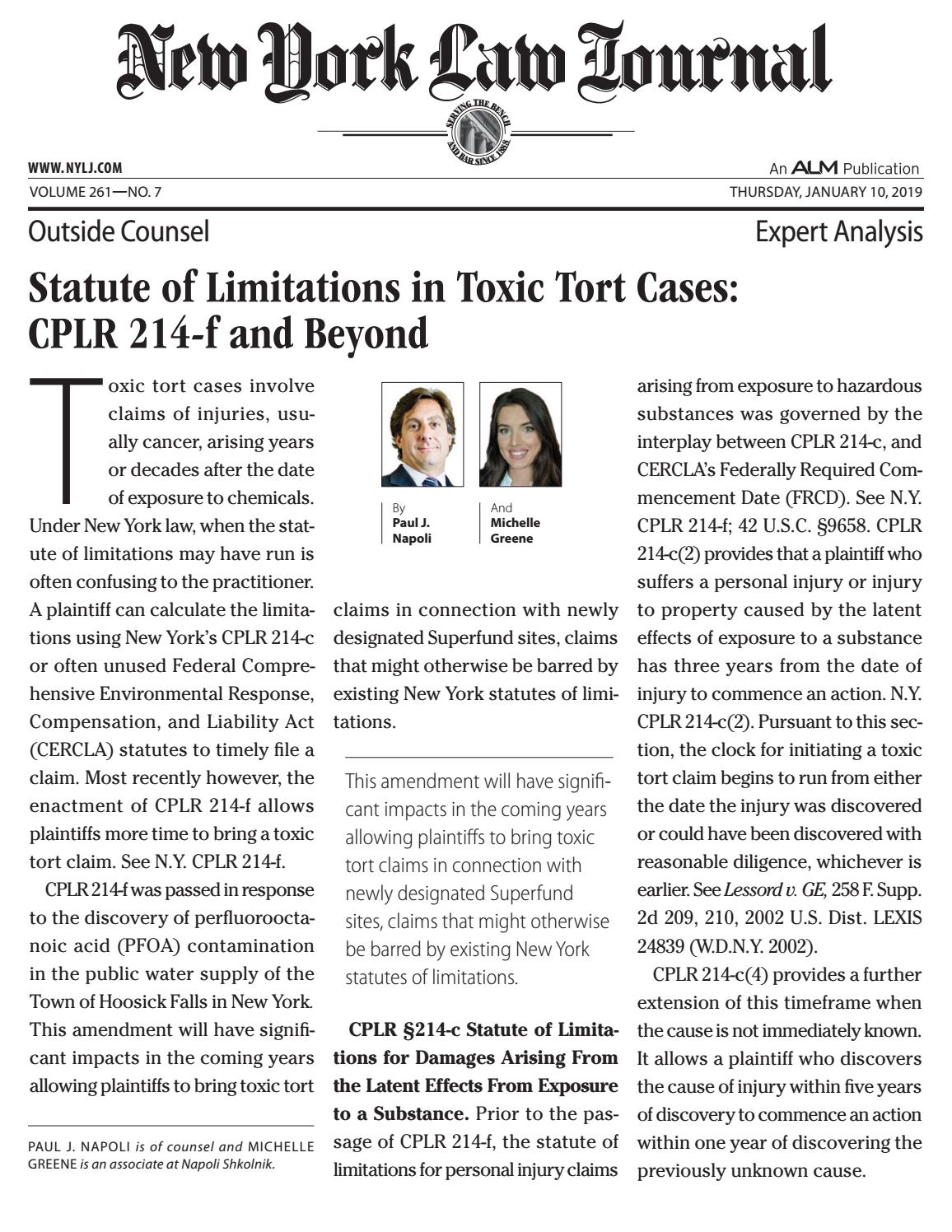 Statute of Limitations in Toxic Tort Cases CPLR 214f and Beyond by