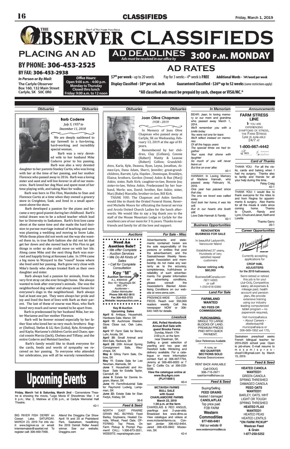 Observer Classifieds, March 1 by Carlyle Observer Issuu
