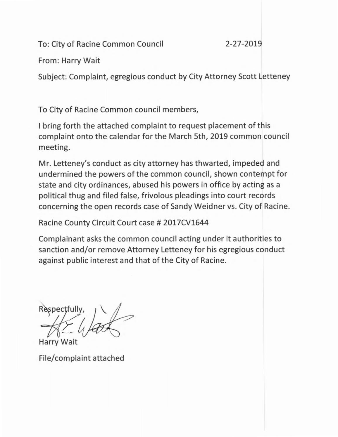Complaint, Egregious Conduct by Racine WI. City Attorney Scott Letteney by Communicator News Issuu