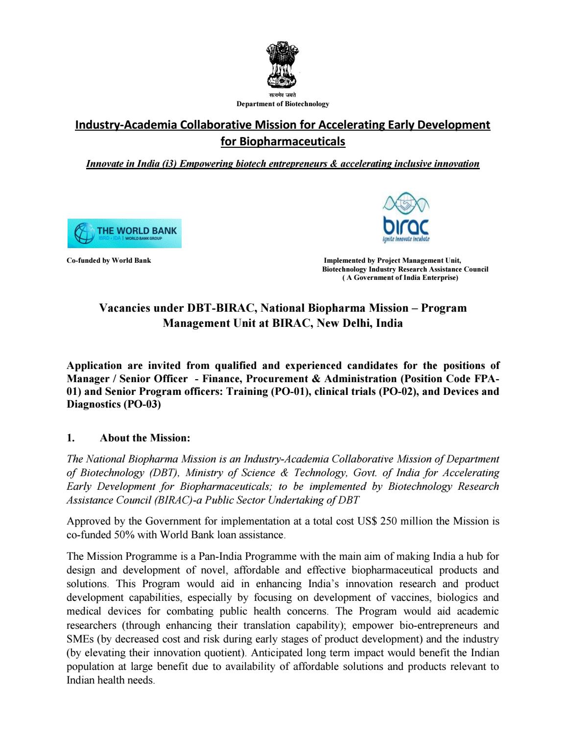 Govt BIRAC Biological & Life Sciences Jobs With Rs. 75,000 Salary pm by BioTecNika Issuu