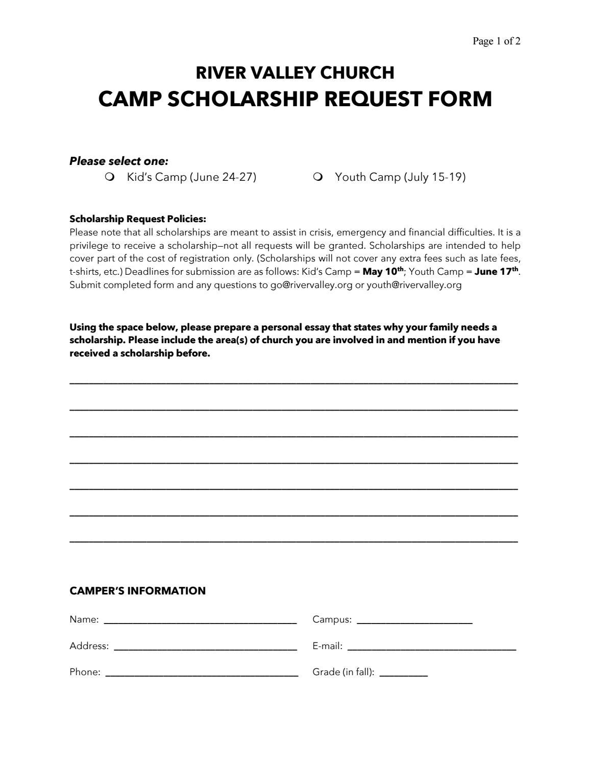 Camp Scholarship Application by rivervalleychurch Issuu