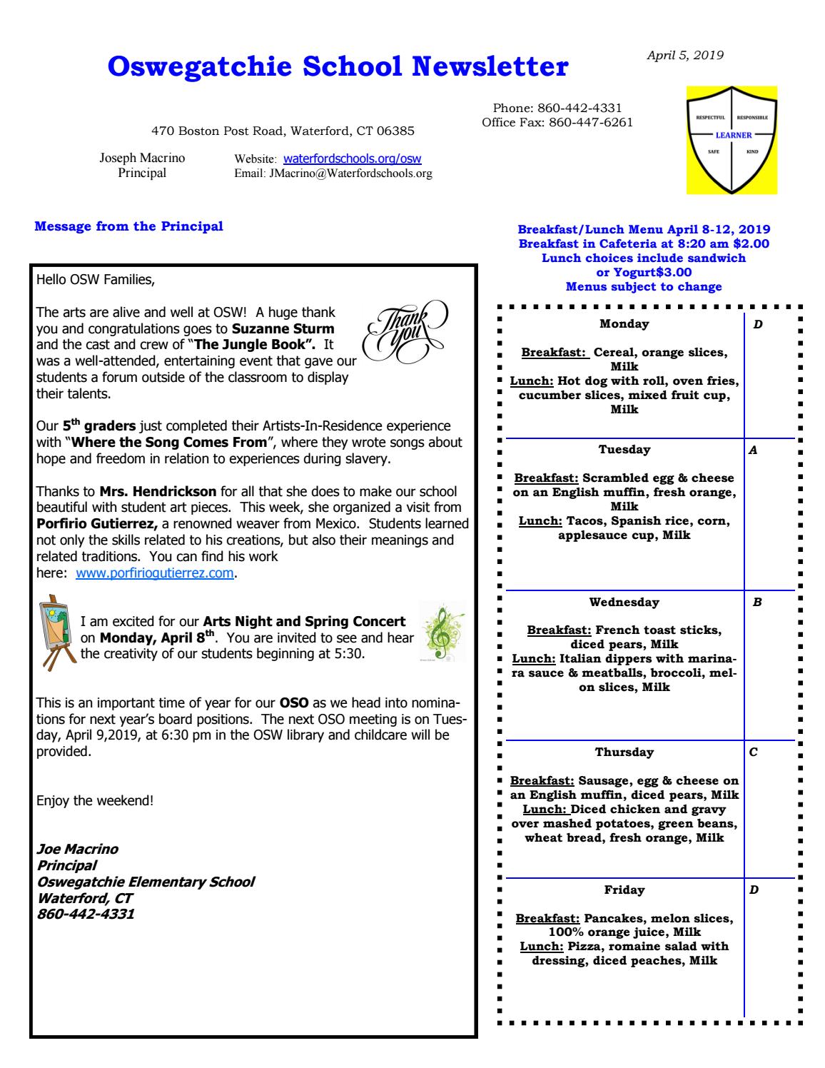 Oswegatchie Elementary Newsletter April 5, 2019 by Waterford Public