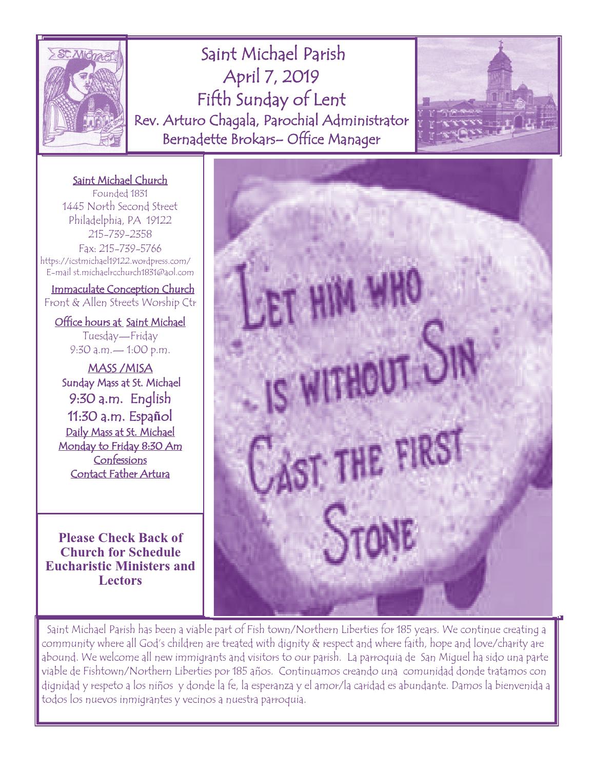 Parish Bulletin for 7 April 2019 for St. Michael's Parish 19122 (Fifth Week of Lent) by St. Mike