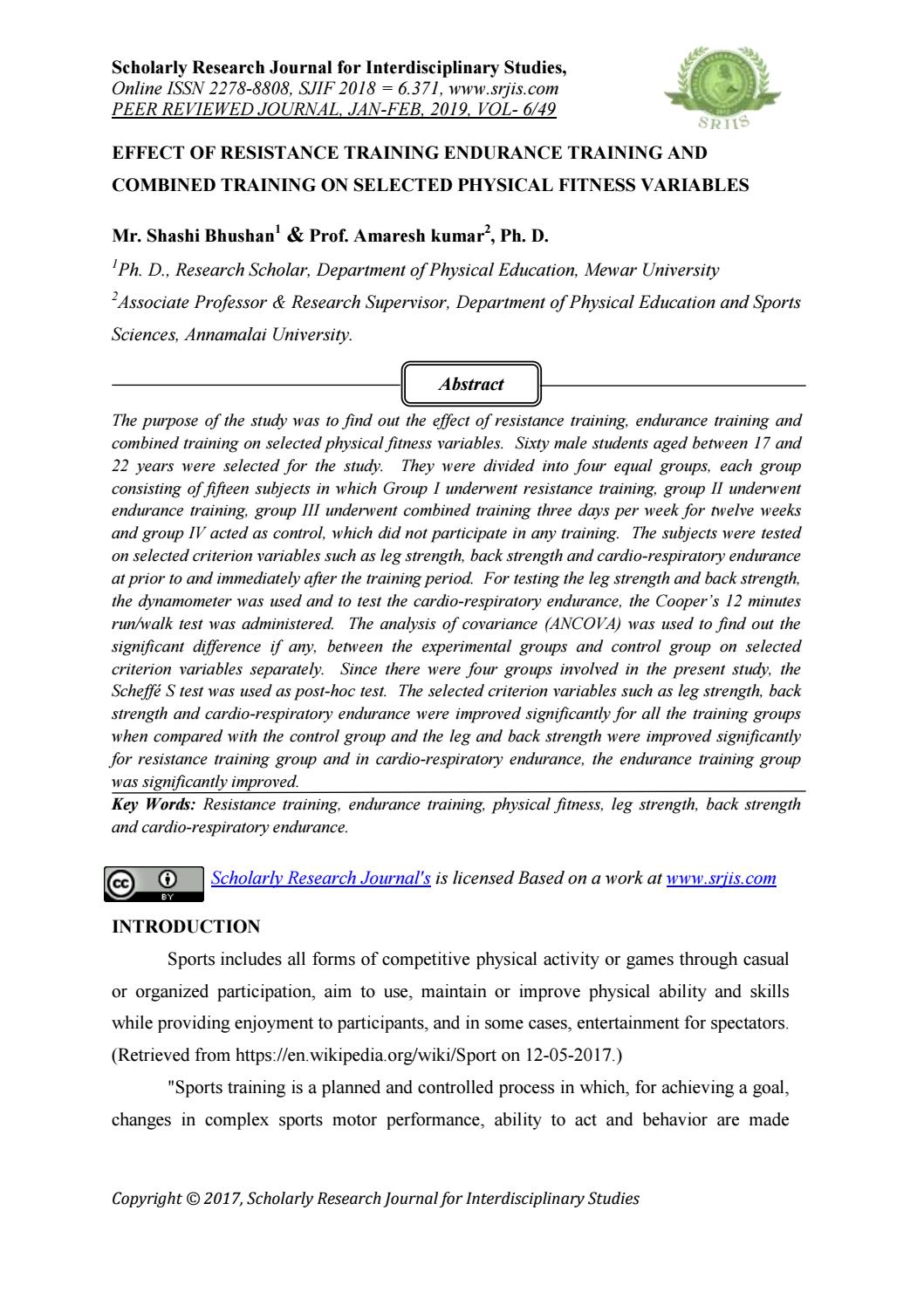 EFFECT OF RESISTANCE TRAINING ENDURANCE TRAINING AND COMBINED TRAINING