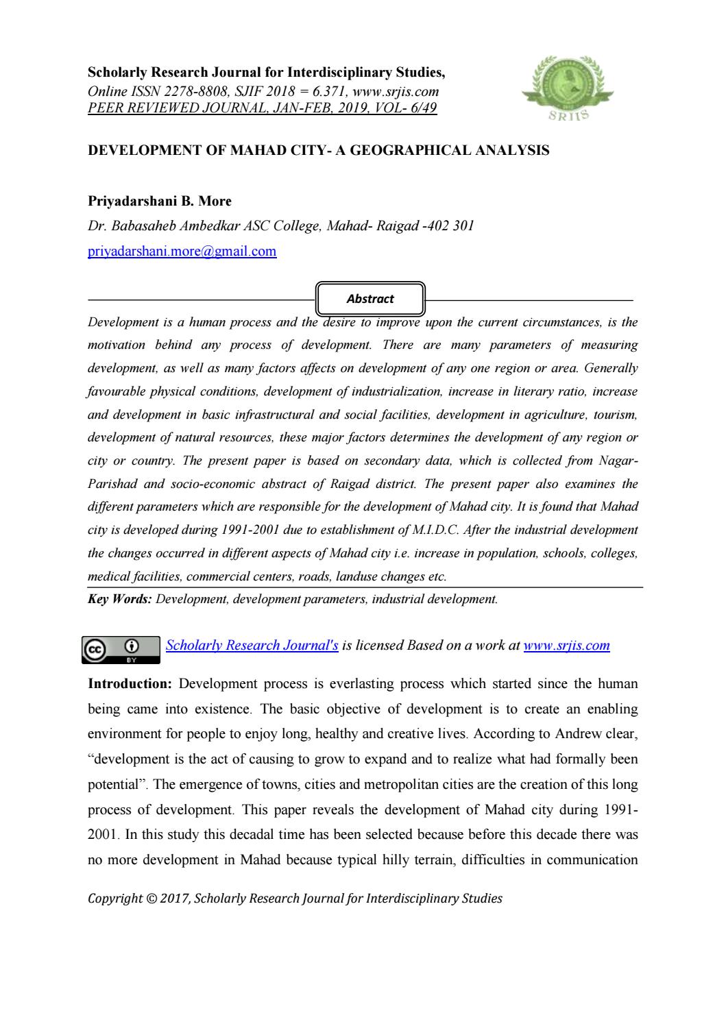 DEVELOPMENT OF MAHAD CITY A GEOGRAPHICAL ANALYSIS by Scholarly Research Journal"s Issuu