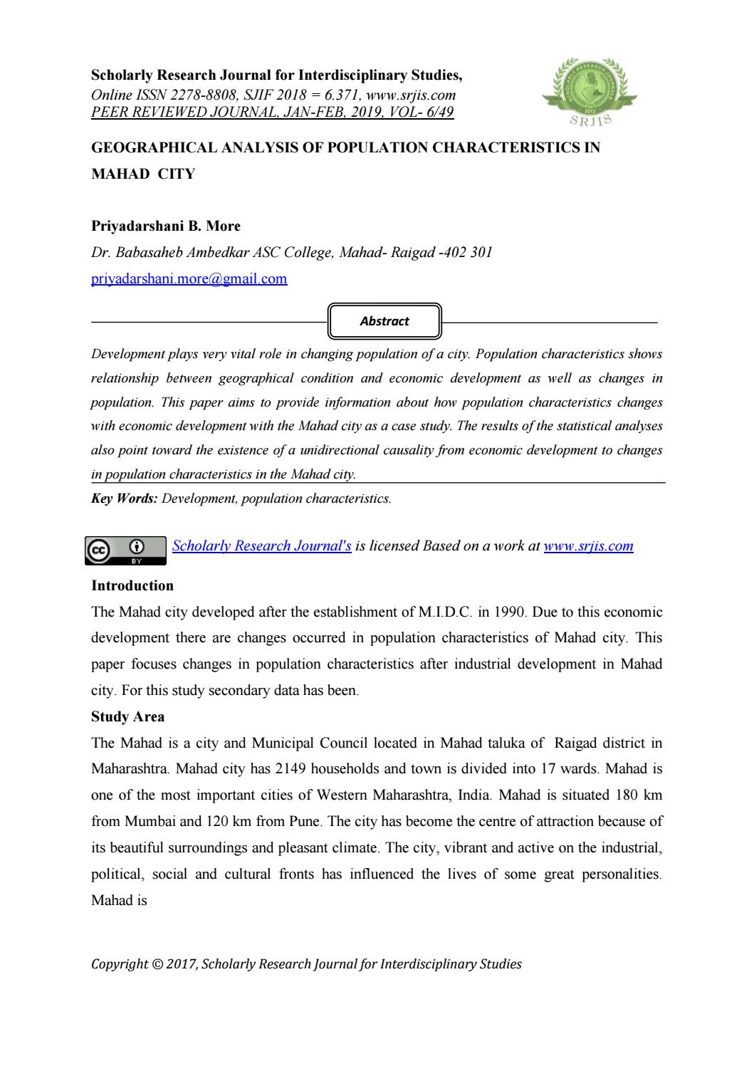 GEOGRAPHICAL ANALYSIS OF POPULATION CHARACTERISTICS IN MAHAD CITY by Scholarly Research Journal