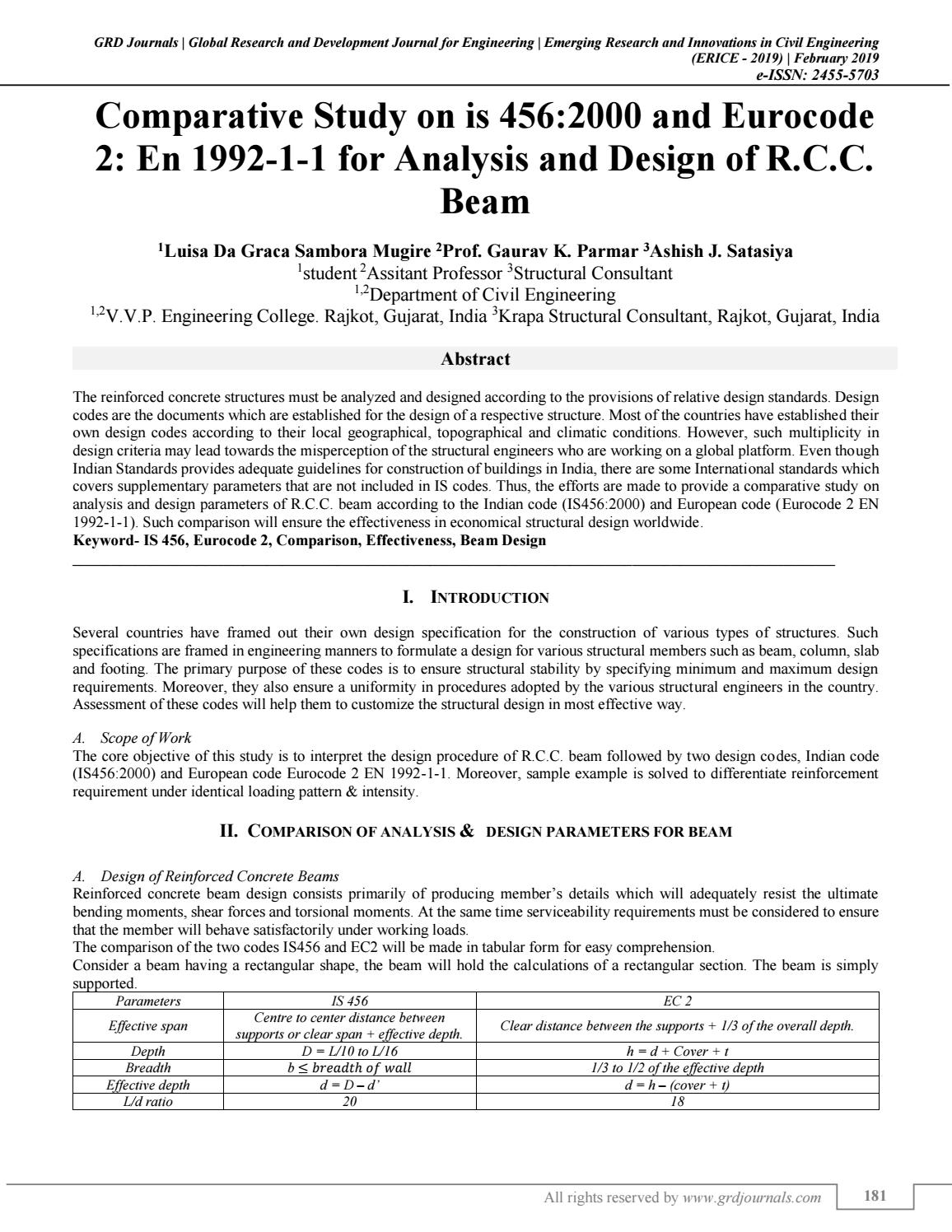 Comparative Study on IS 4562000 and Eurocode 2 EN 199211 for