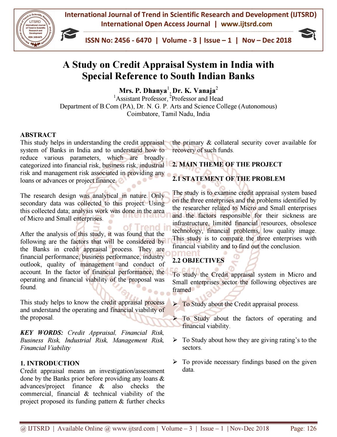 A Study on Credit Appraisal System in India with Special Reference to