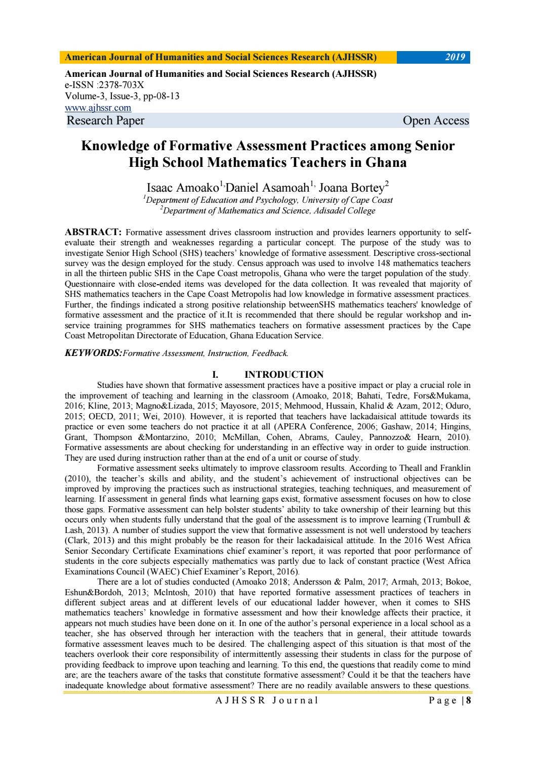 Knowledge of Formative Assessment Practices among Senior High School ...