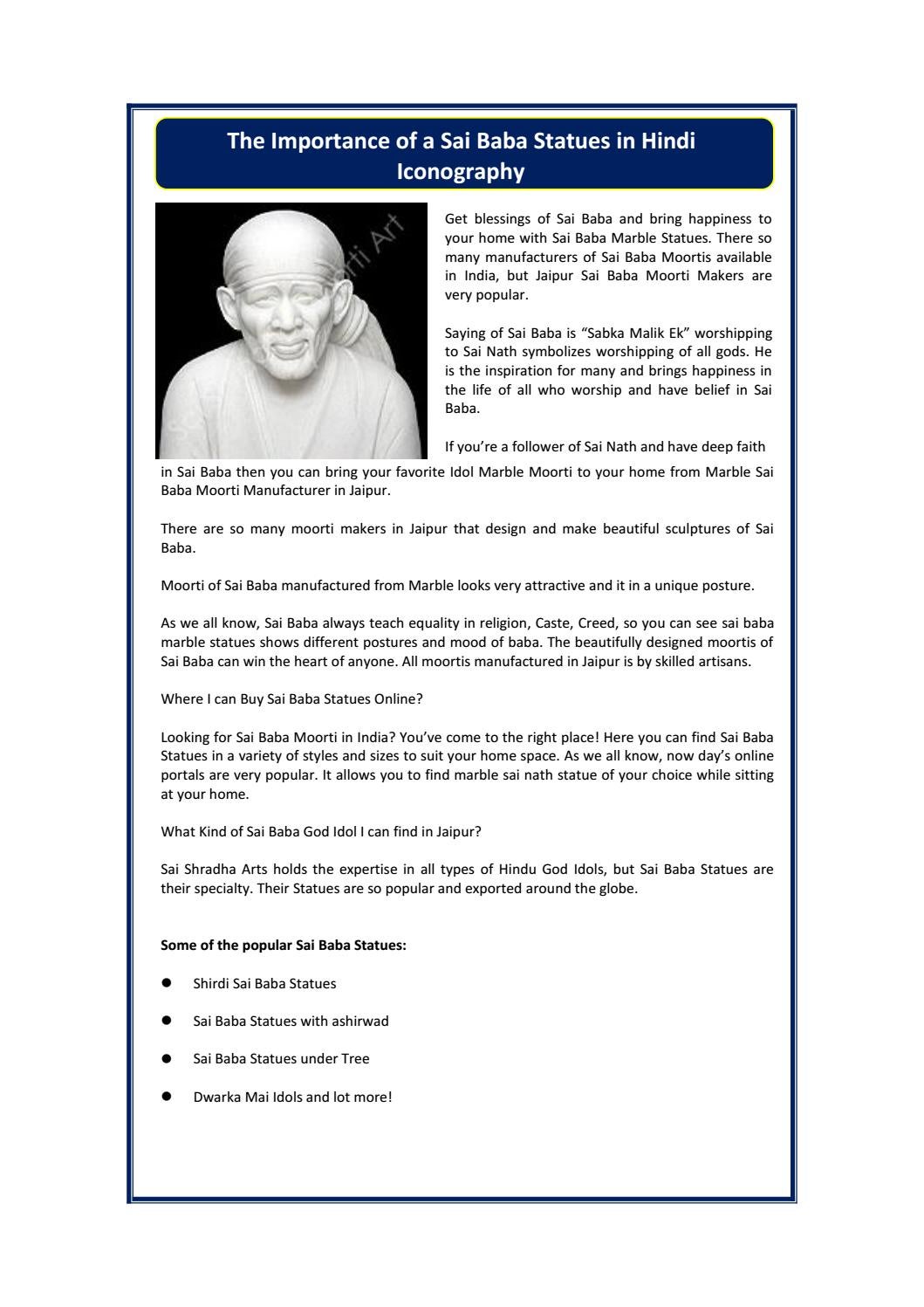 The Importance Of A Sai Baba Statues In Hindi Iconography By Sai Shradha Moorti Art Issuu
