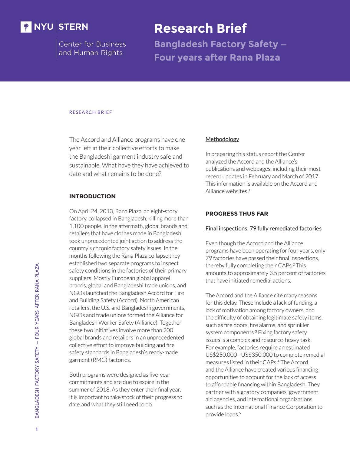 BANGLADESH FACTORY SAFETY - FOUR YEARS AFTER RANA PLAZA by NYU Stern Center  for Business and Human Rights - Issuu