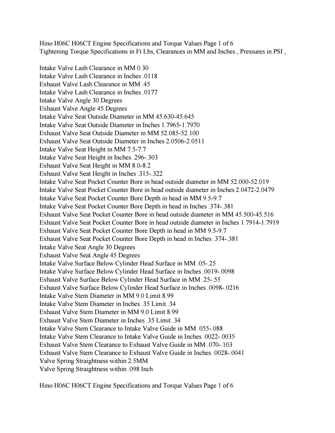 Hino H06C H06CT Engine Specifications and Torque Values by engineparts2
