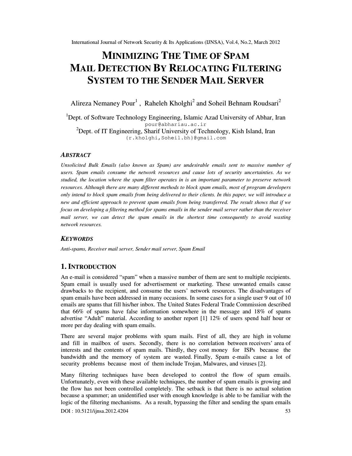 Minimizing The Time Of Spam Mail Detection By Relocating Filtering System To The Sender Mail Server By Ijnsa Journal Issuu