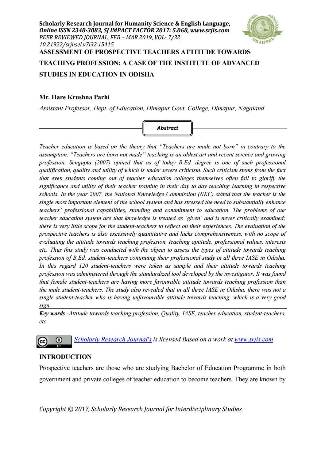 ASSESSMENT OF PROSPECTIVE TEACHERS ATTITUDE TOWARDS TEACHING PROFESSION ...