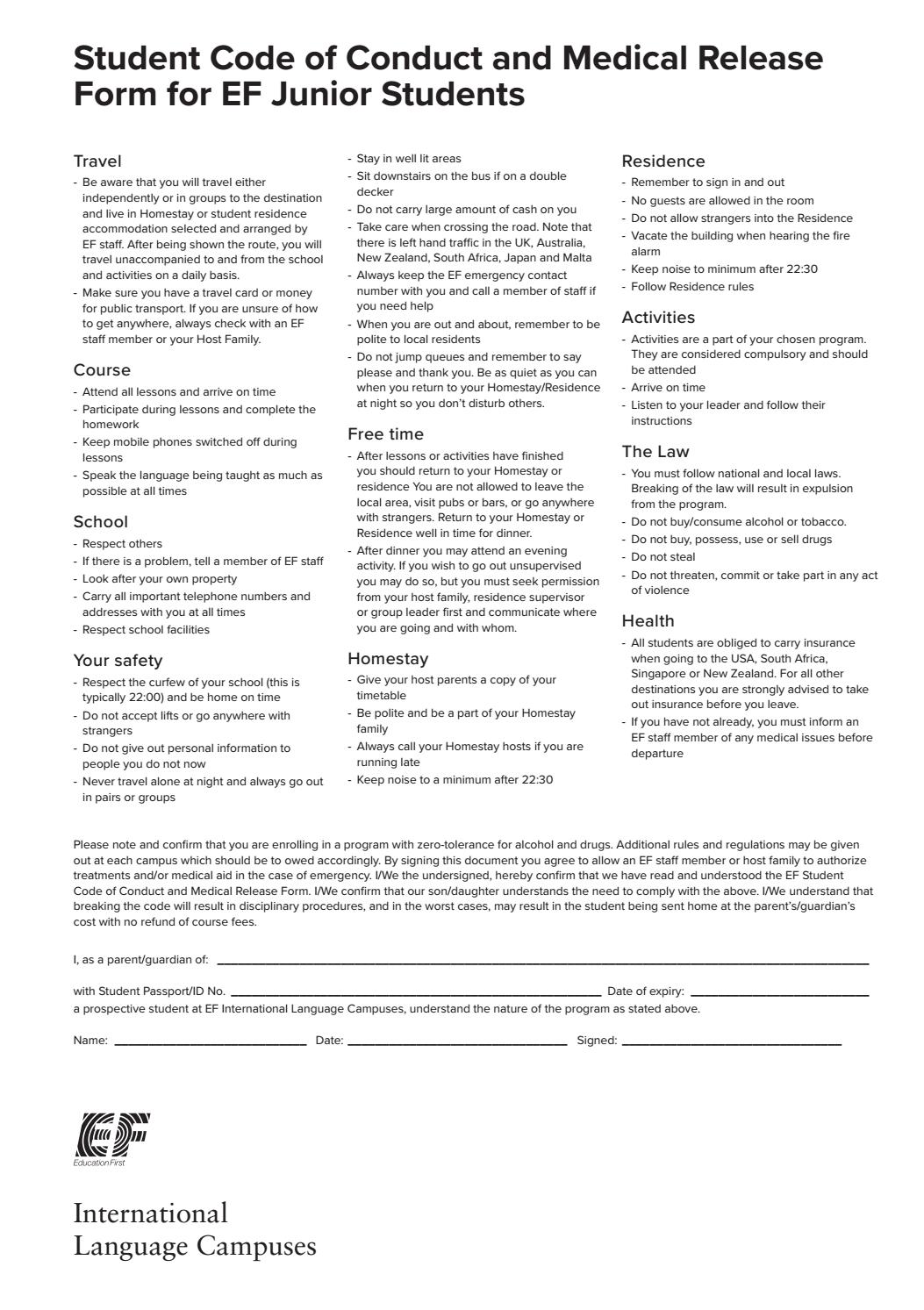 19 LS Student Code of Conduct and Medical Release Form for EF Junior ...