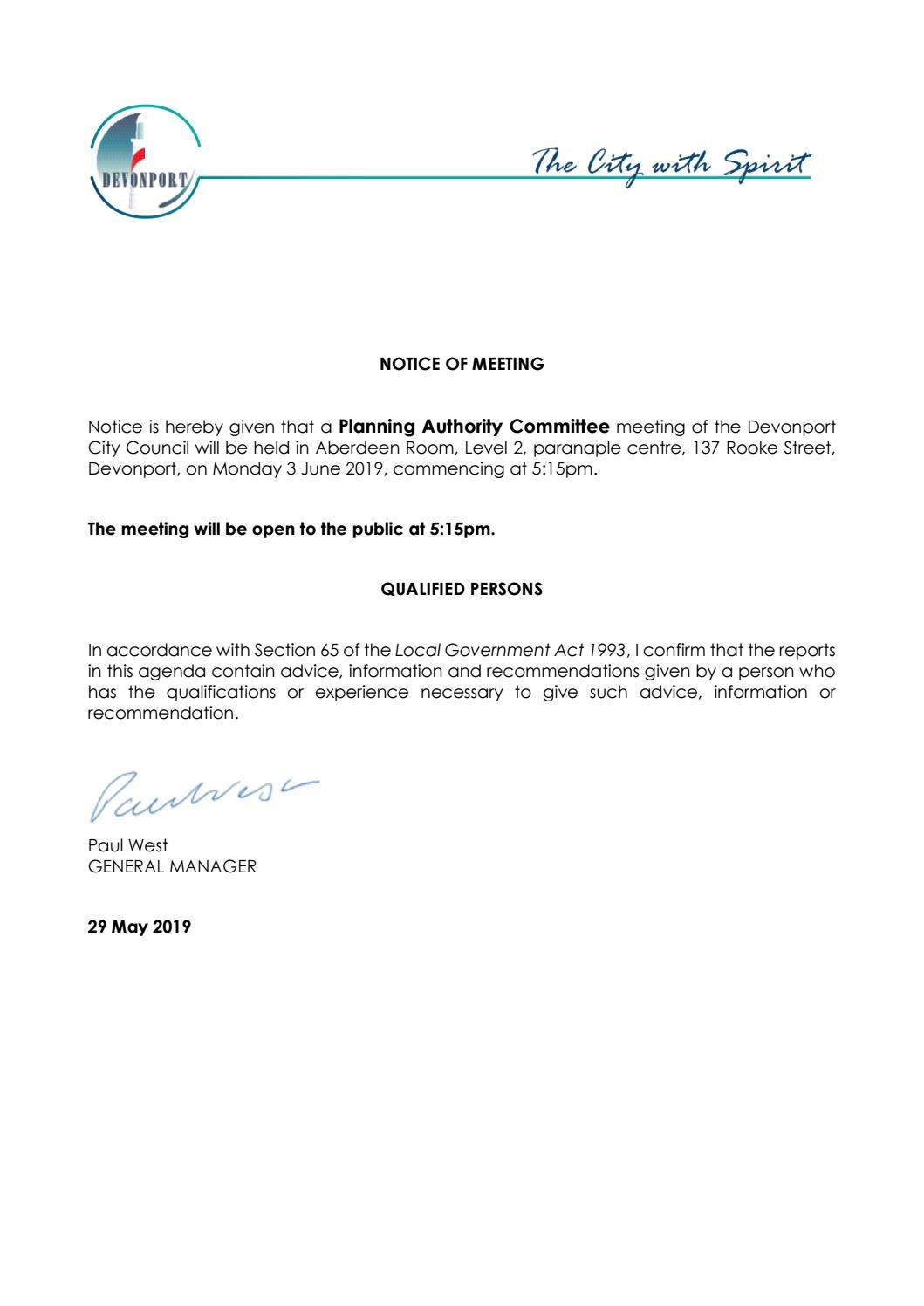 Agenda Planning Authority Committee 3 June 2019 By Devonport