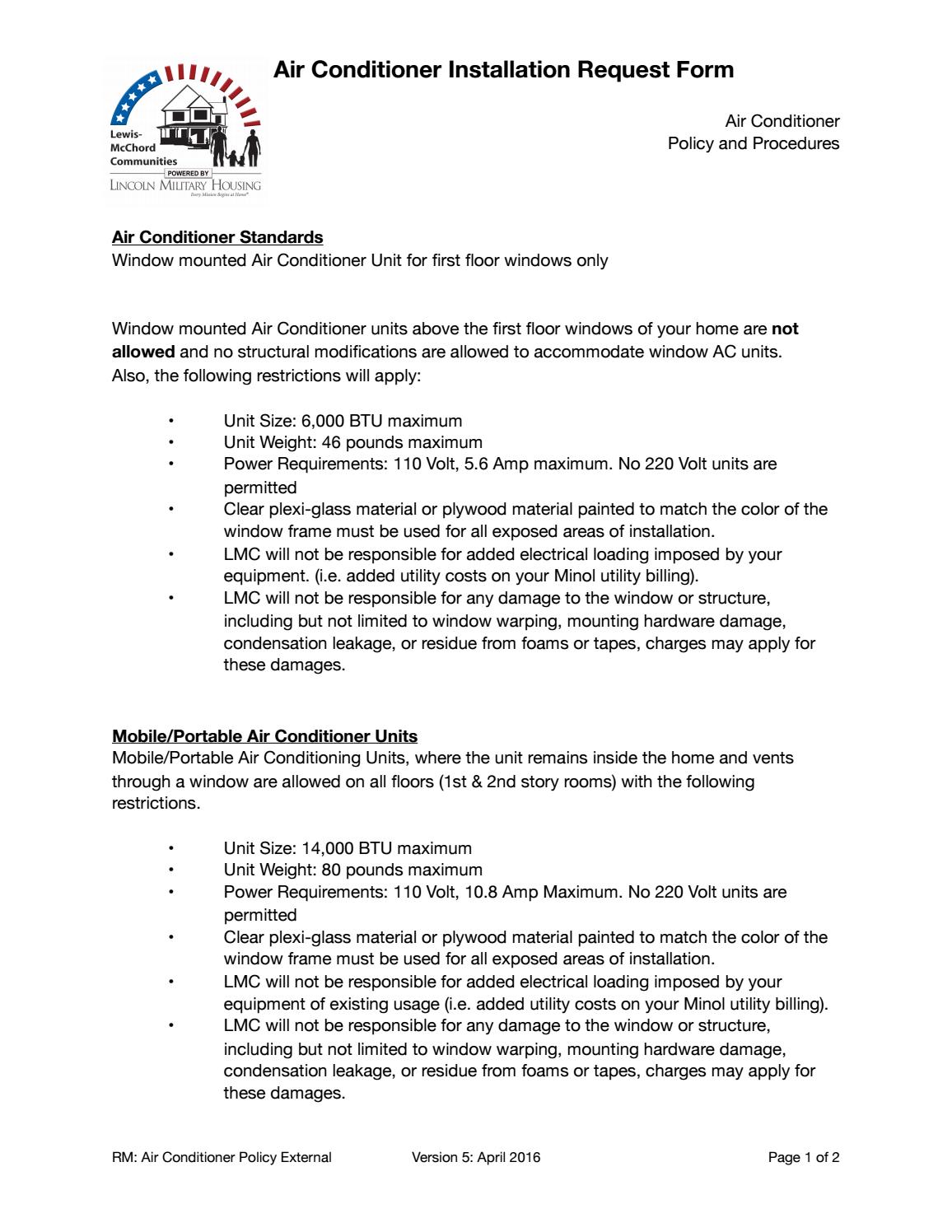 LewisMcChord Communities A/C policy and Request form. by Liberty
