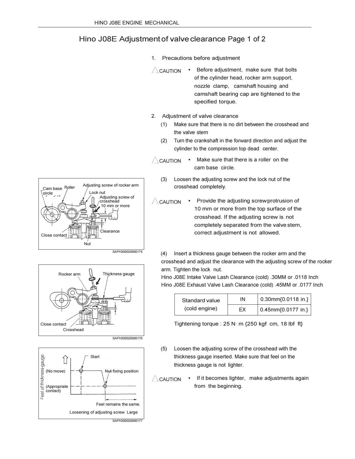 Hino J08E Engine Valve Adjustment Procedure, Valve Lash Clearance
