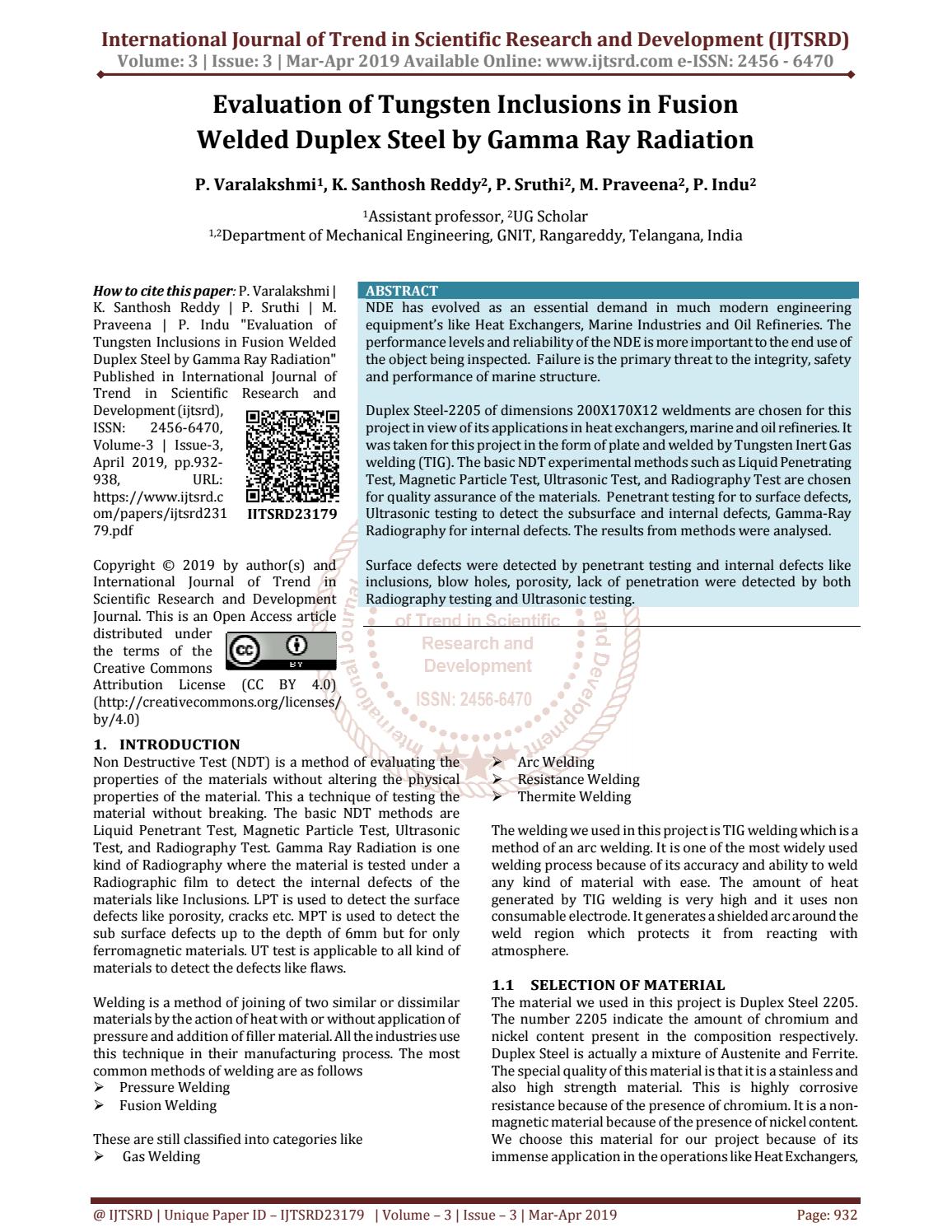 Evaluation of Tungsten Inclusions in Fusion Welded Duplex Steel by