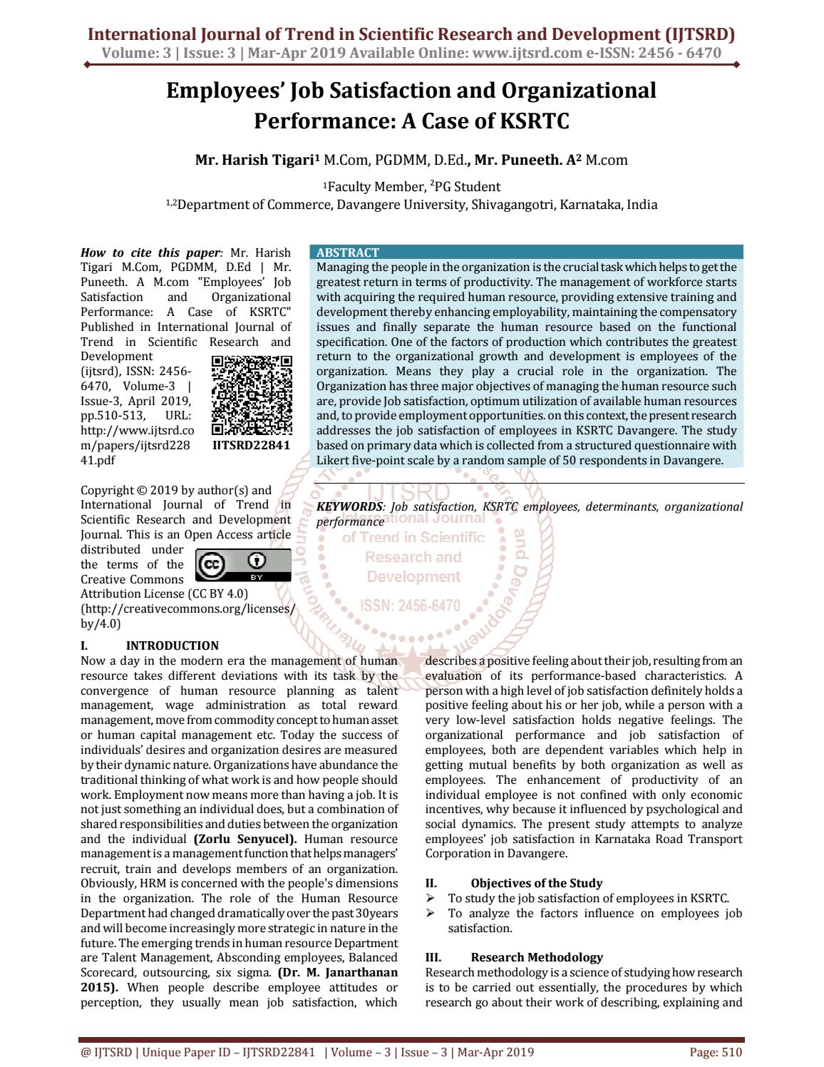 Employees' Job Satisfaction and Organizational Performance A Case of KSRTC  by International Journal of Trend in Scientific Research and Development -  ISSN: 2456-6470 - Issuu