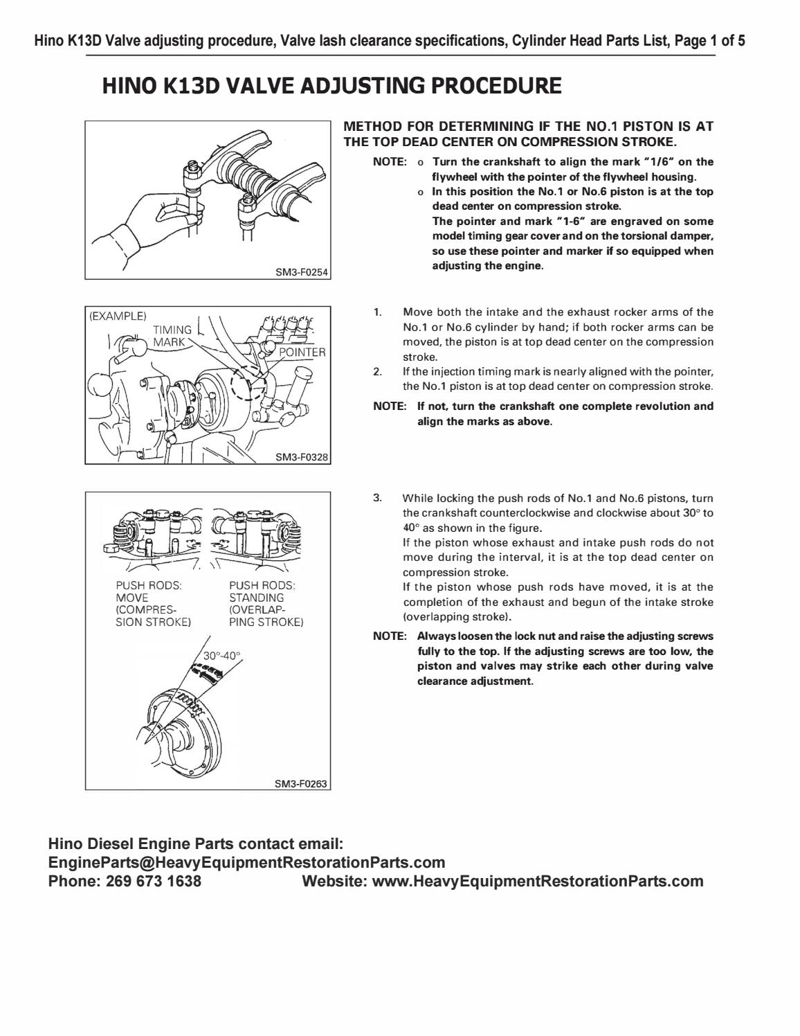 Hino K13D Valve adjusting procedure, Valve lash clearance