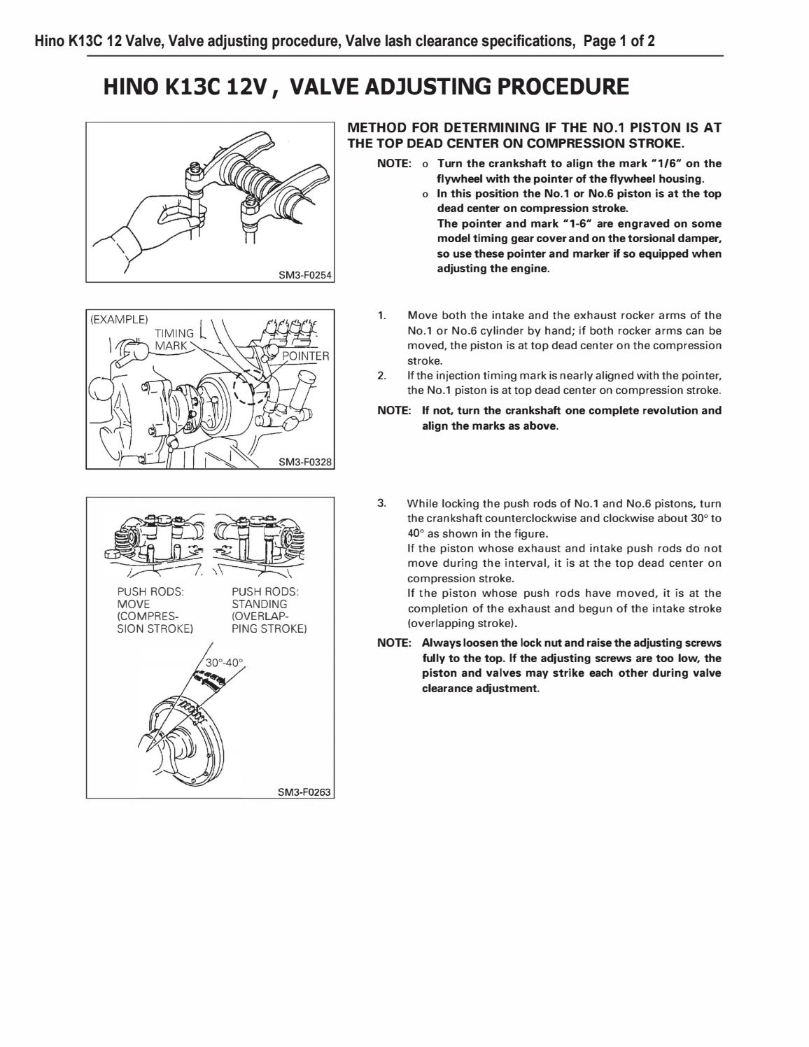 Hino K13C 12 Valve , Valve Adjusting Procedure, Valve Lash Clearance