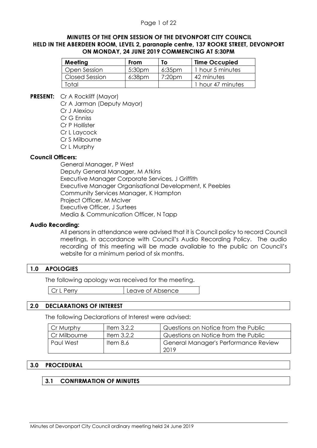 minutes council meeting 24 june 2019 by devonport city how to record minutes of meetings