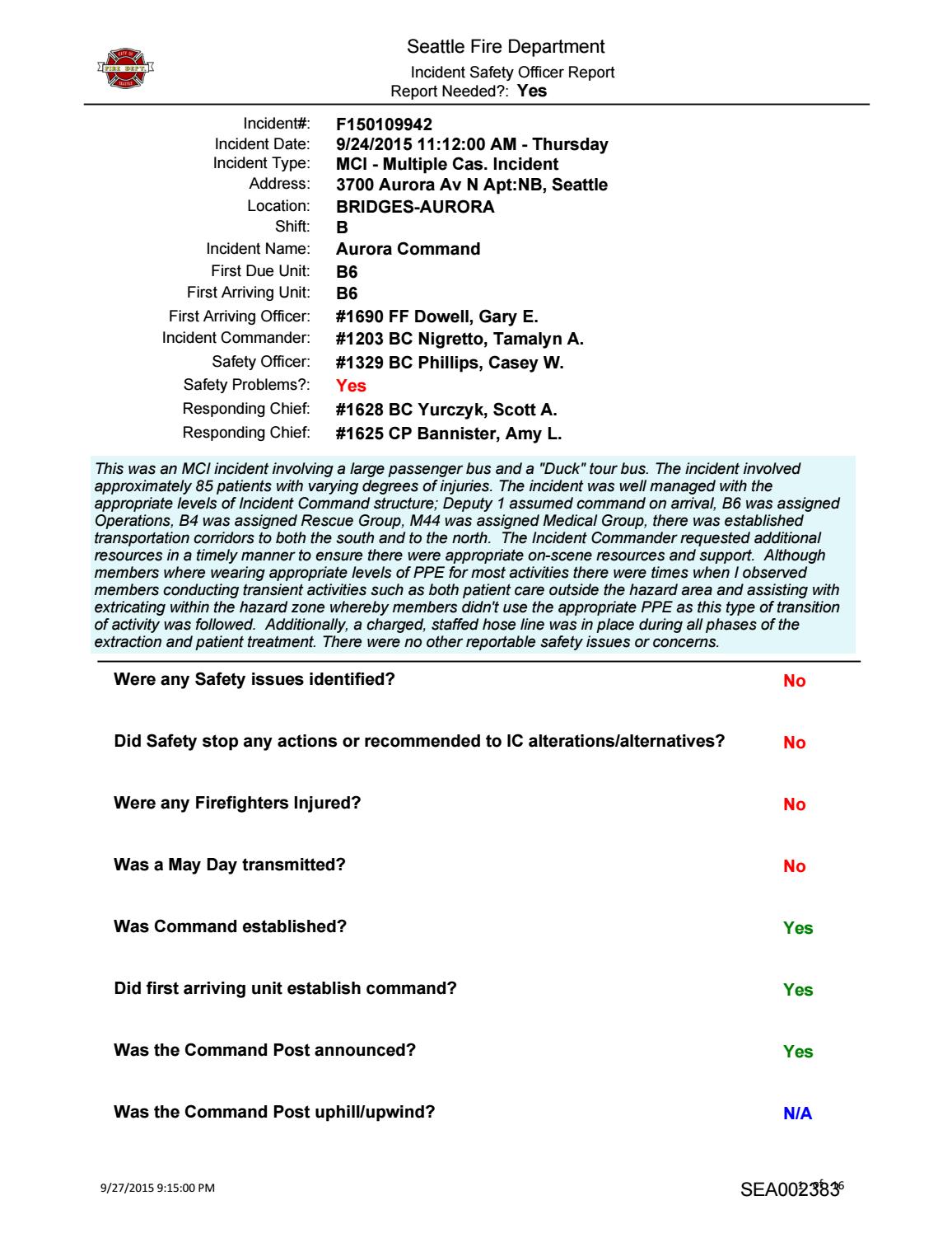 Seattle Fire Department Incident Safety Report by The Stritmatter Firm