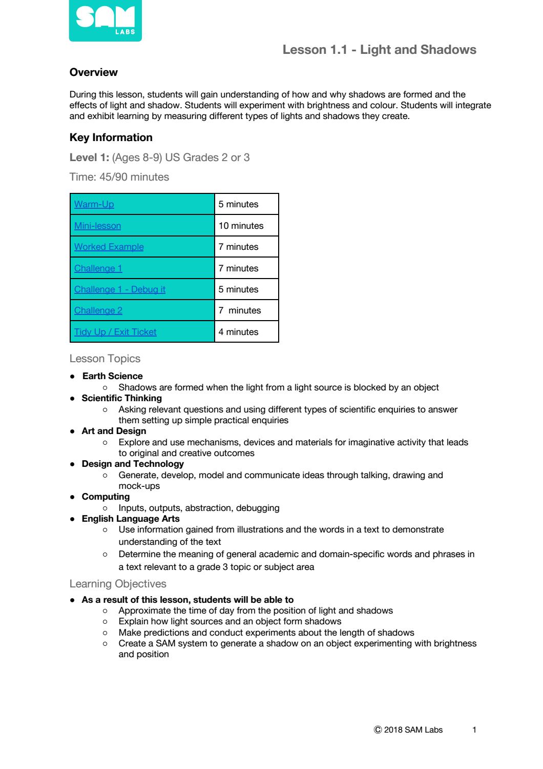 1.1 Light and shadow Teacher Lesson Plan by ETC Educational Technology ...