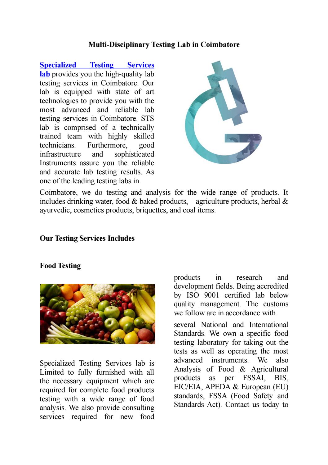 Multi Disciplinary Testing Lab in Coimbatore by STS Lab Issuu