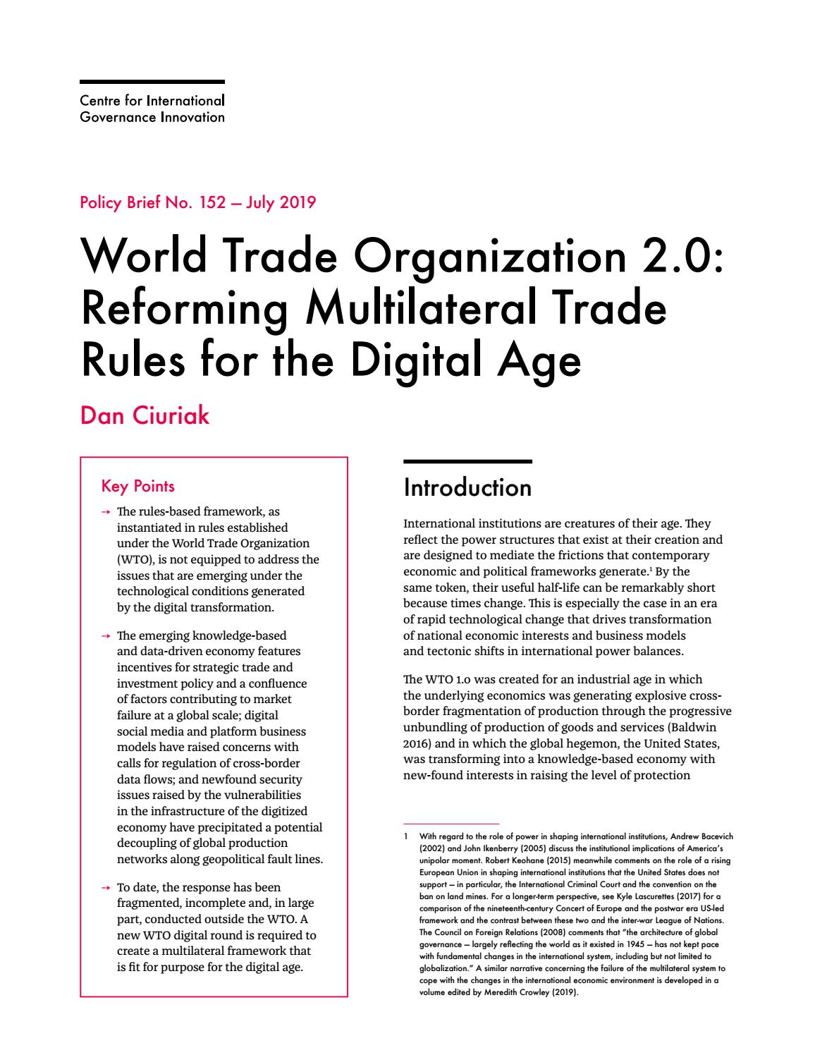 World Trade Organization 2 0 Reforming Multilateral Trade Rules For The Digital Age By Centre For International Governance Innovation Issuu