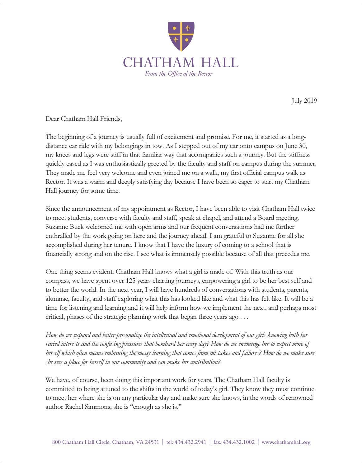 Letter from the Rector Summer '19 by Chatham Hall - Issuu