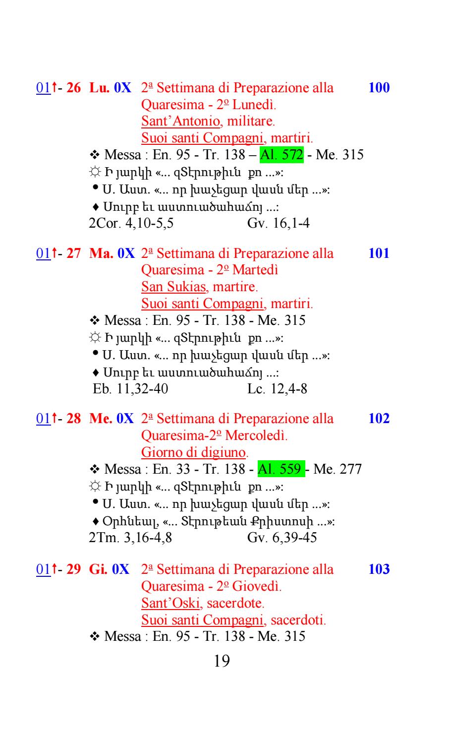 Calendario liturgico armeno 09 Esempio di 29 settimane di Santi