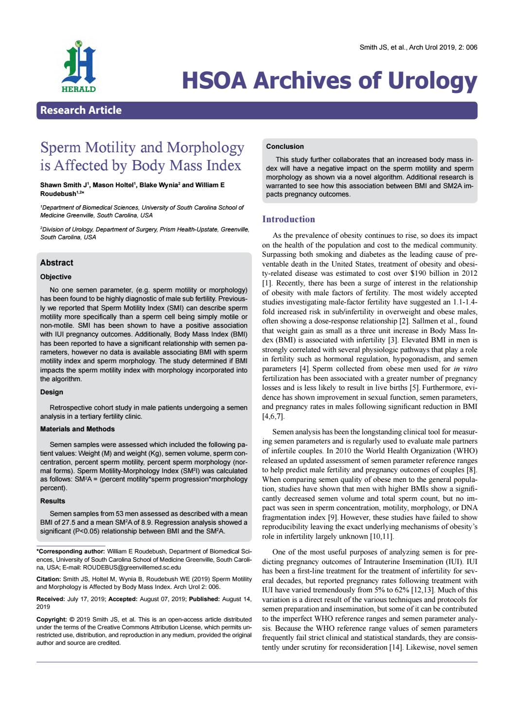 Sperm Motility and Morphology is Affected by Body Mass Index by Herald