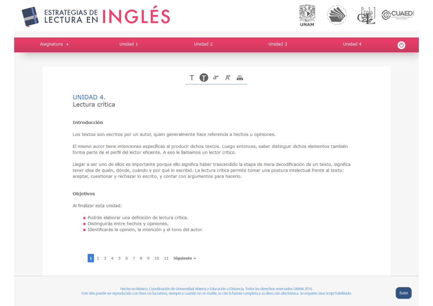 Cuarta Unidad del Curso de Comprensión Lectora en Inglés (SUAyED-UNAM