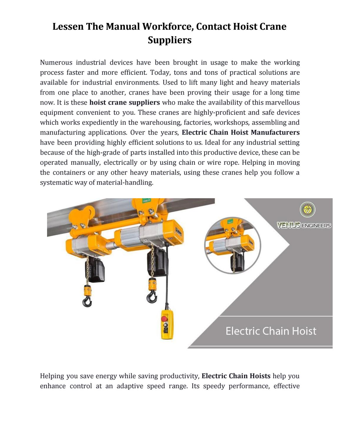 Lessen The Manual Workforce, Contact Hoist Crane Suppliers by Venus