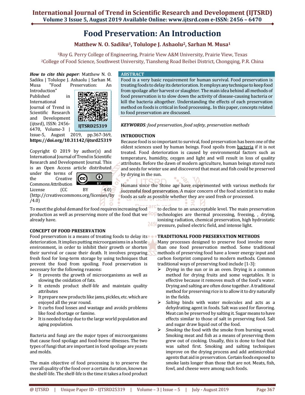 Food Preservation An Introduction by International Journal of Trend in