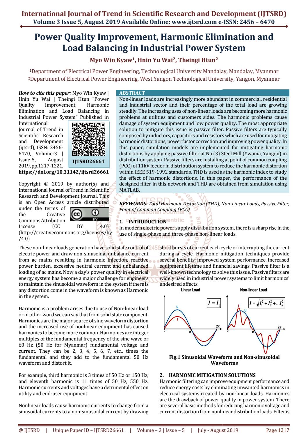 Power Quality Improvement, Harmonic Elimination and Load Balancing in