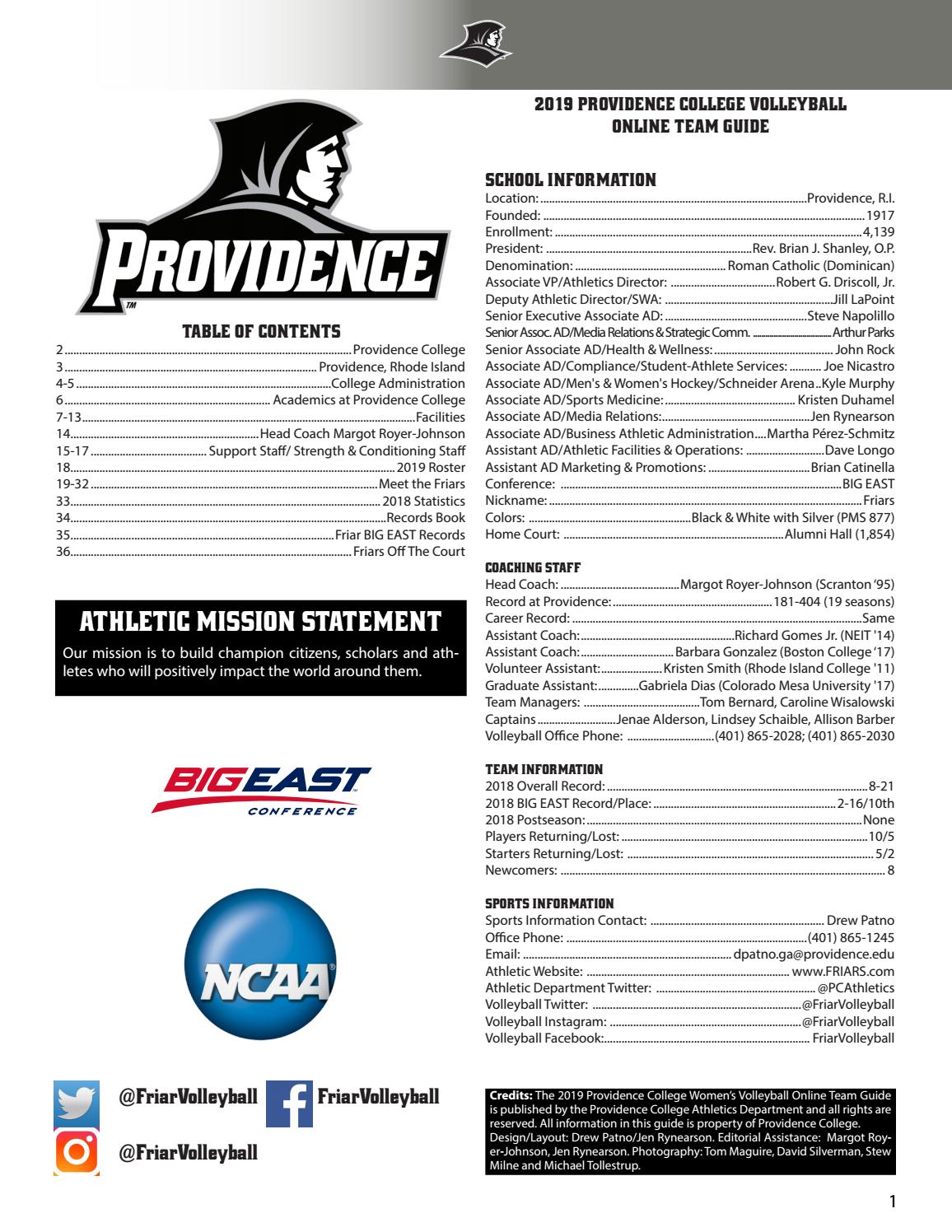 2019 Providence College Volleyball Team Guide by Providence College