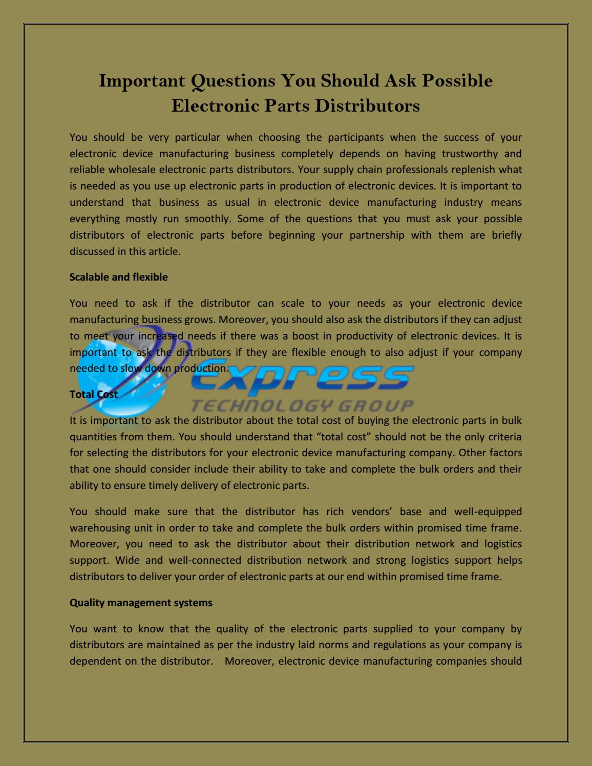 Questions You Should Ask Possible Electronic Parts Distributors by