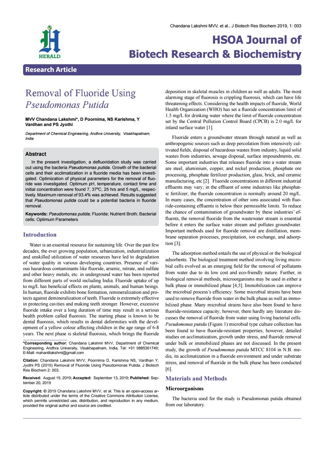 Removal of fluoride using pseudomonas putida by herald scholarly open