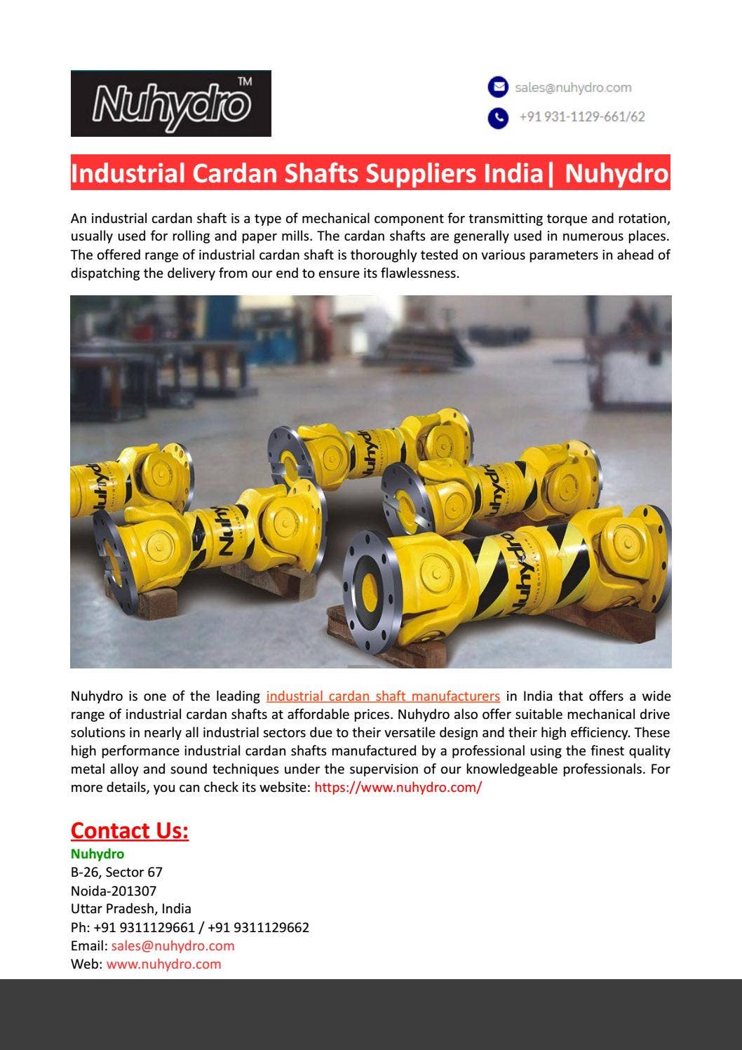 Industrial Cardan Shafts Suppliers India-Nuhydro by Cardan Shafts - Issuu