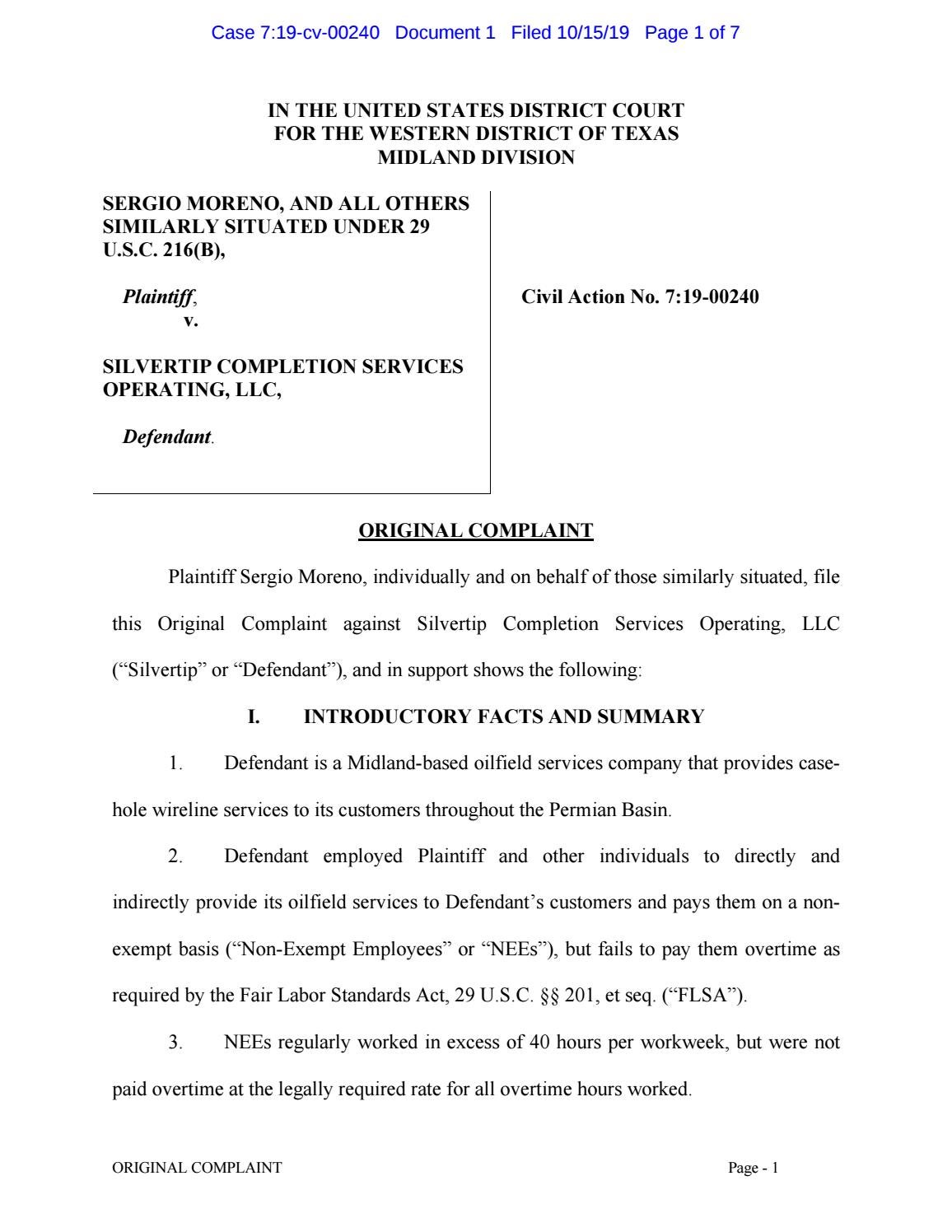 Silvertip Completion Overtime Lawsuit Case No. 719cv240 (W.D. Tex