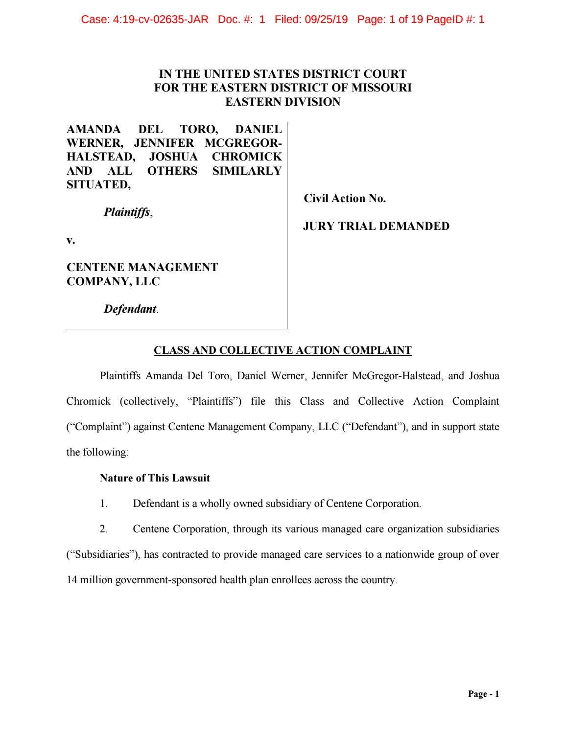 Centene Unpaid Overtime Lawsuit - Complaint | Case Management ...