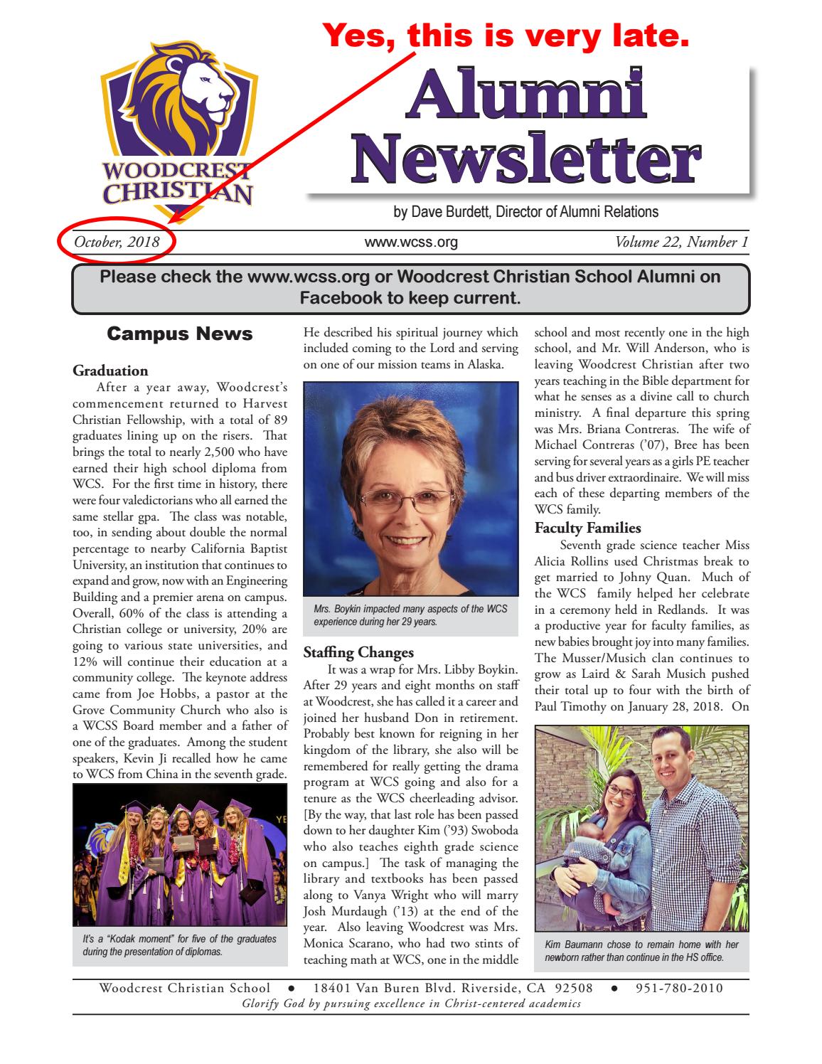 Woodcrest Christian School Alumni Newsletter 2018 By Woodcrest
