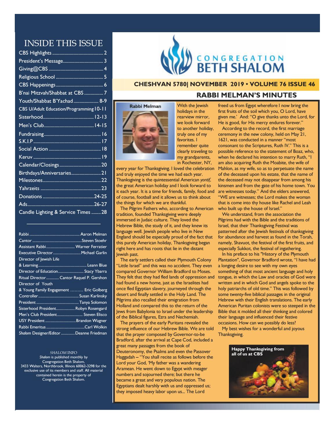 Congregation Beth Shalom November 2019 Bulletin by dfriedman - issuu