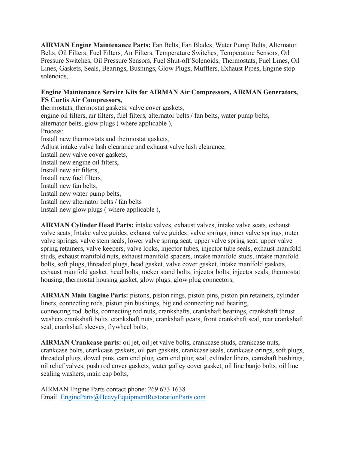 AIRMAN Air Compressor Engine Specification Numbers, Engine Parts, by