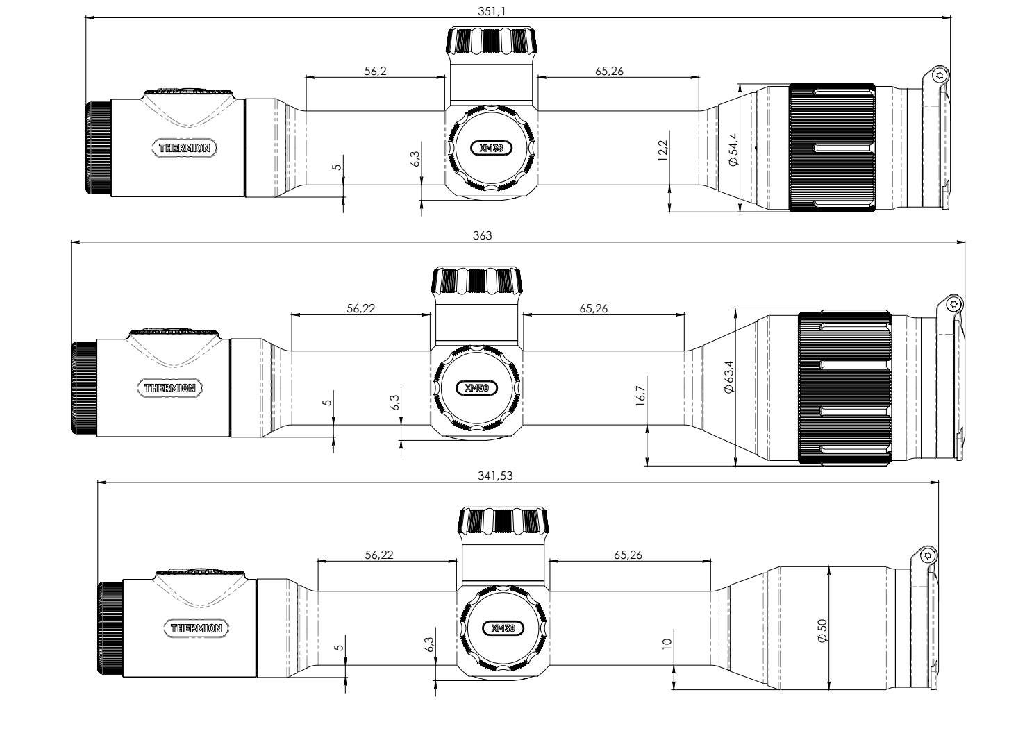 Thermion XM30 / XM38 / XM50 Thermal Imaging Riflescopes Drawings (side ...
